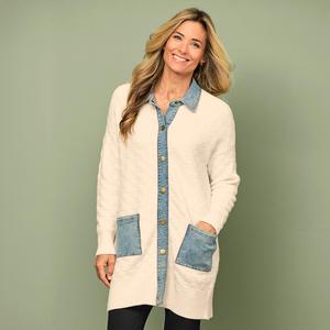 Womens Cyrus Long Sleeve Cable Denim Trim Long Cardigan