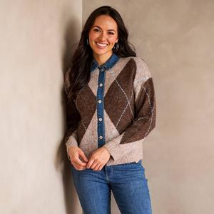 Womens Cyrus Long Sleeve Argyle Denim Trim Button Front Cardigan alternate view