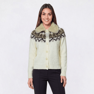 Womens Cyrus Long Sleeve Faux Fur Collar Fair Isle Cardigan