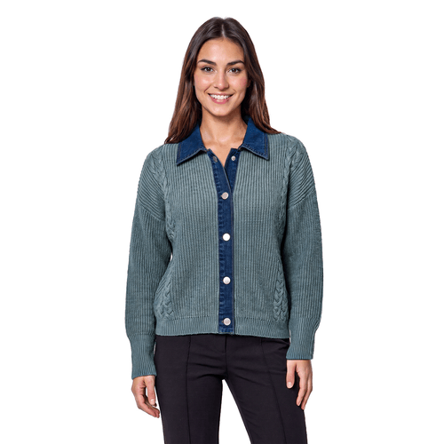 Womens Cyrus Long Sleeve Cable Denim Trim Button Front Cardigan alternate view