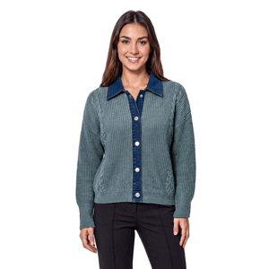 Womens Cyrus Long Sleeve Cable Denim Trim Button Front Cardigan alternate view