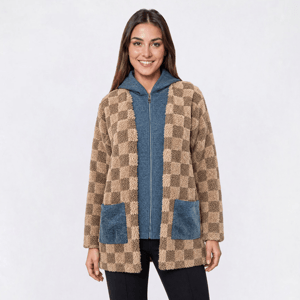 Womens Cyrus Long Sleeve Plush Hooded Check Denim Trim Jacket