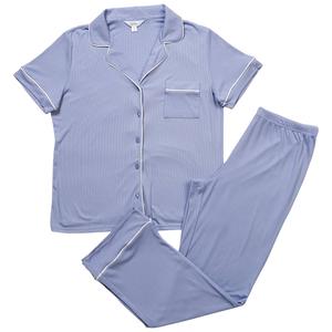 Womens Nicole Miller Solid Rib Notch Collar Long Pajama Set alternate view