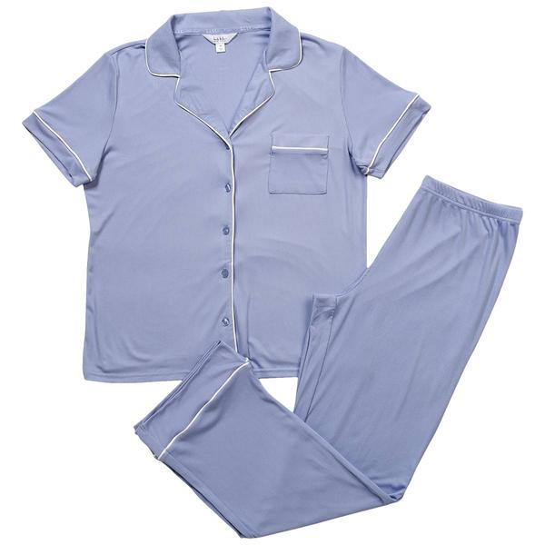 Womens Nicole Miller Solid Rib Notch Collar Long Pajama Set alternate view