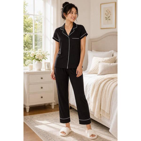 Womens Nicole Miller Short Sleeve Rib Pajama Set - Black