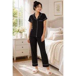 Womens Nicole Miller Short Sleeve Rib Pajama Set - Black