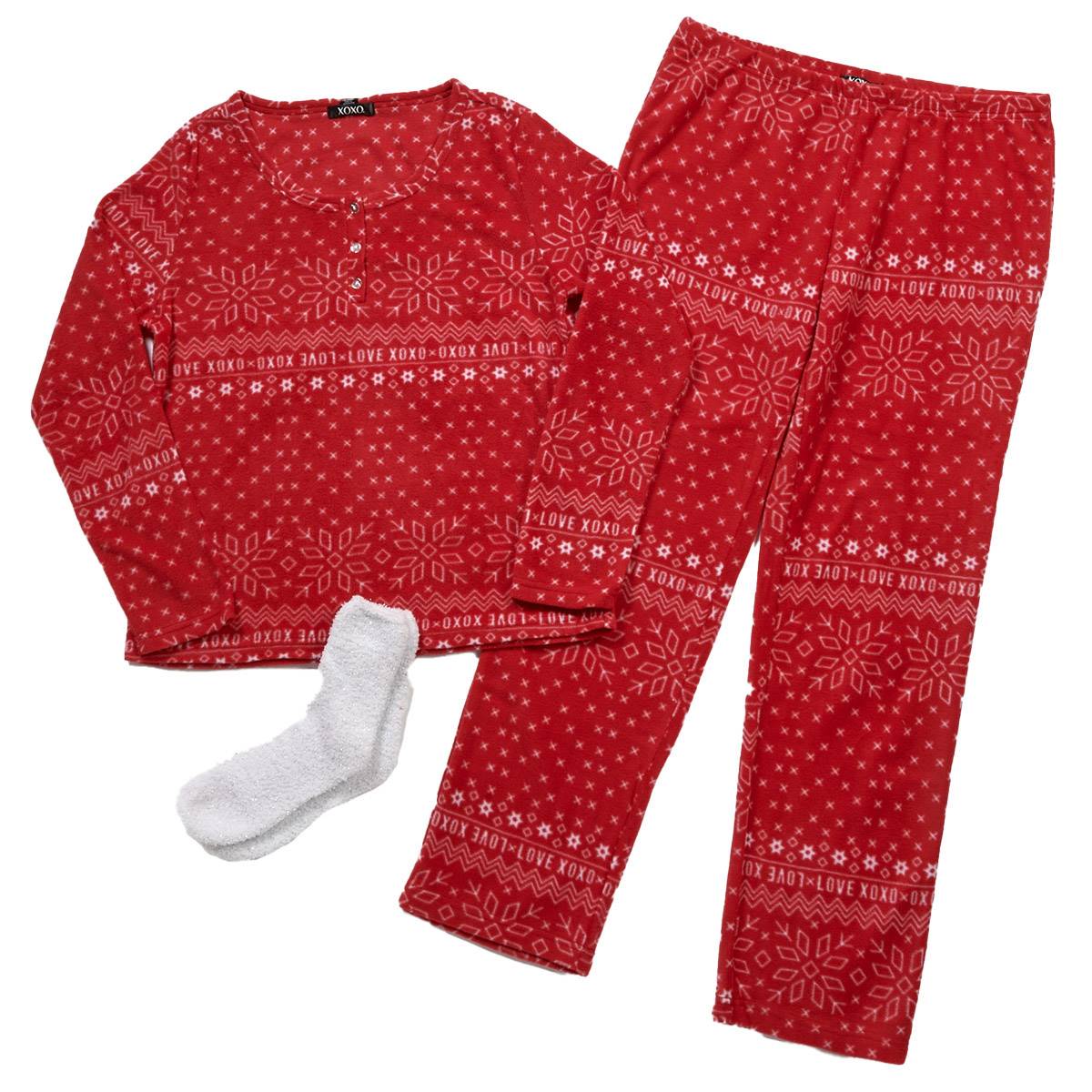 Womens XOXO Microfleece Henley XOXO Love Pajama Set W/Socks