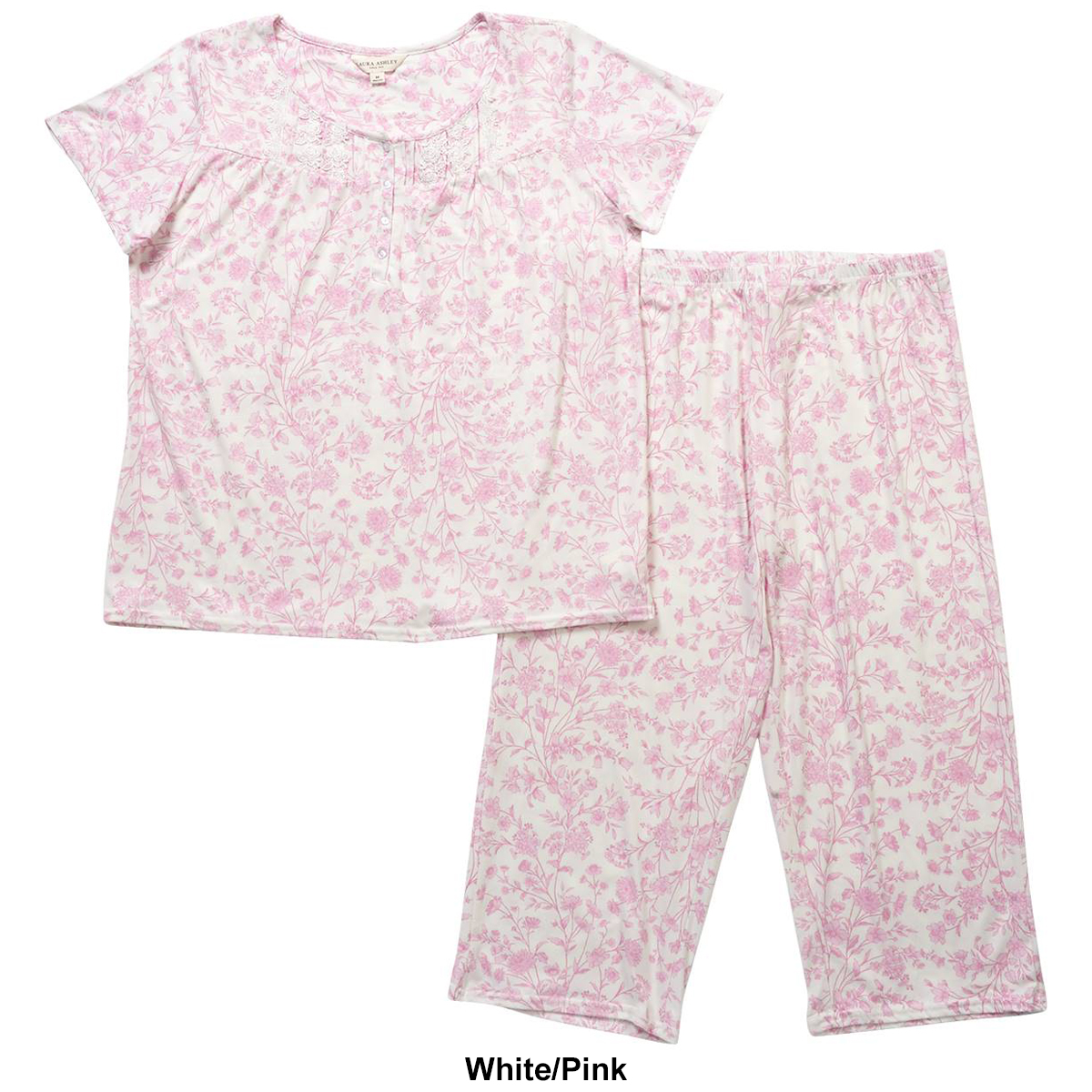 Womens Laura Ashley Short Sleeve Floral Lace Capri Pajama Set