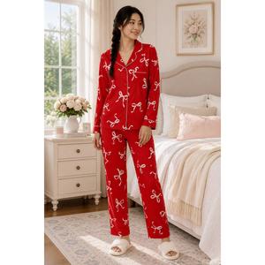 Womens Laura Ashley(R) Long Sleeve Bows Notch Collar Pajama Set