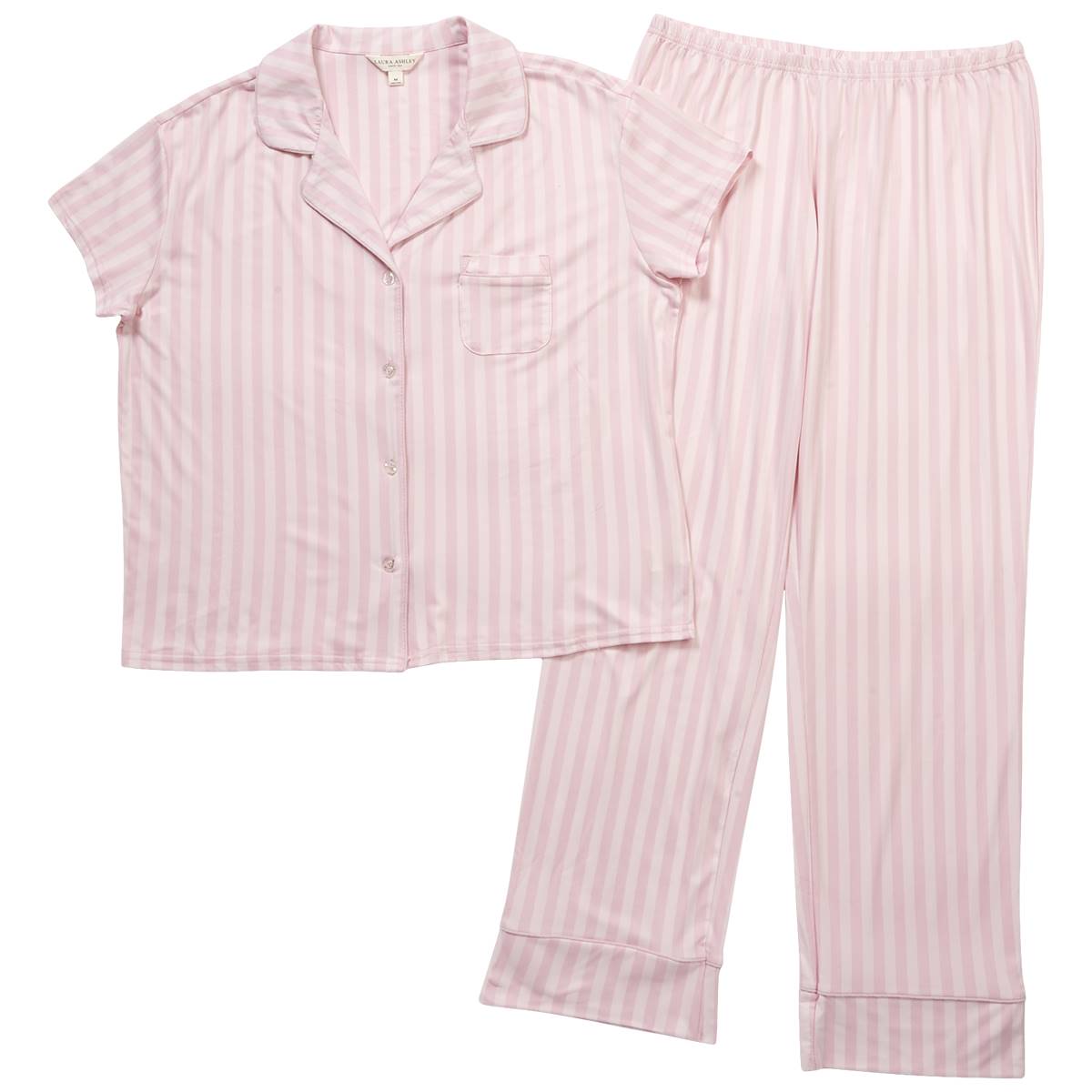 Womens Laura Ashley(R) Short Sleeve Stripe Notch Collar Pajama Set