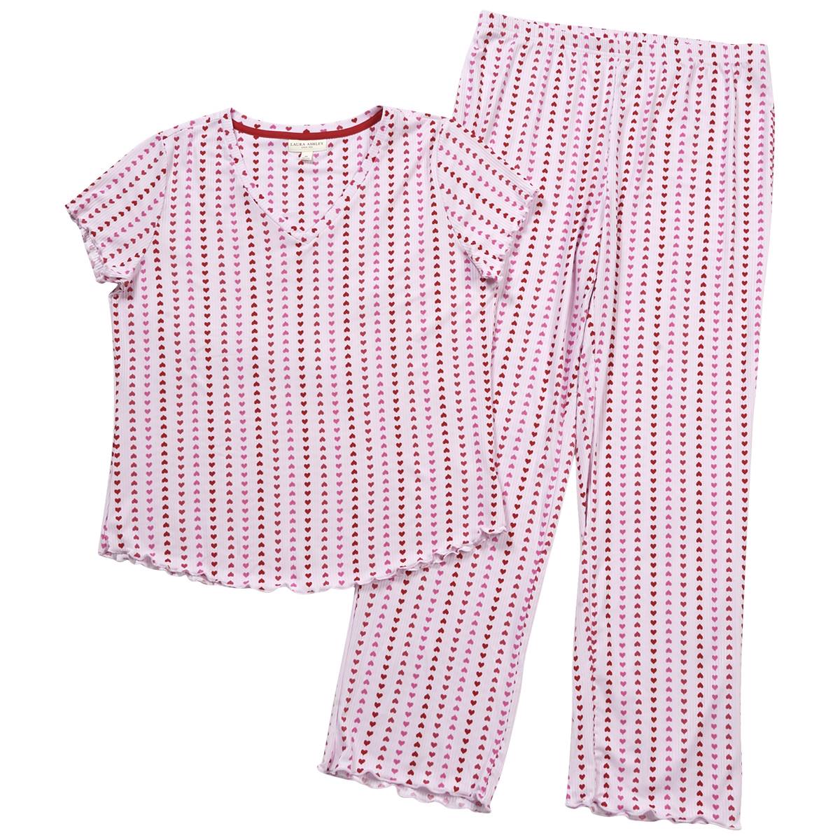 Womens Laura Ashley(R) Ribbed Stripe Heart V-Neck Pajama Set