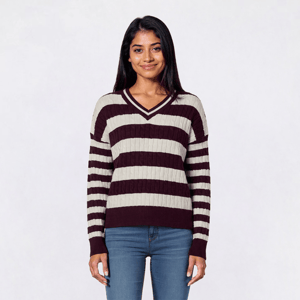 Juniors Heart N Crush Cuddle V-Neck Stripe Cable Sweater