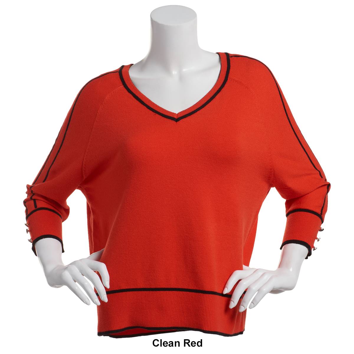 Petite Retrology 3/4 Sleeve V-Neck Tipped Sweater