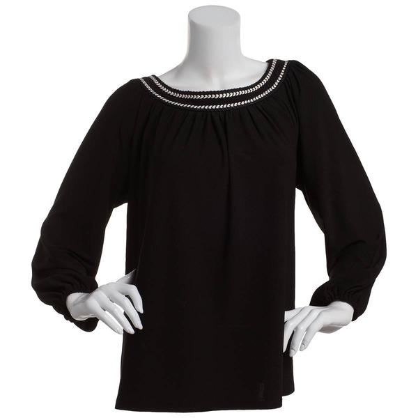 Womens 89th & Madison 3/4 Blouson Sleeve Braided Boat Neck Blouse