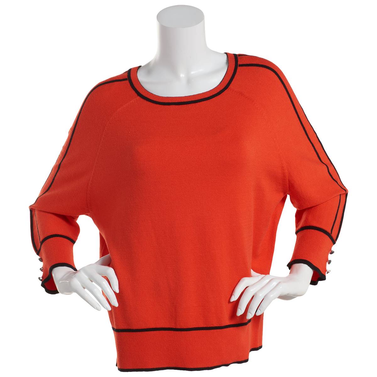 Plus Size Retrology 3/4 Sleeve Solid Crew Neck Tipped Sweater