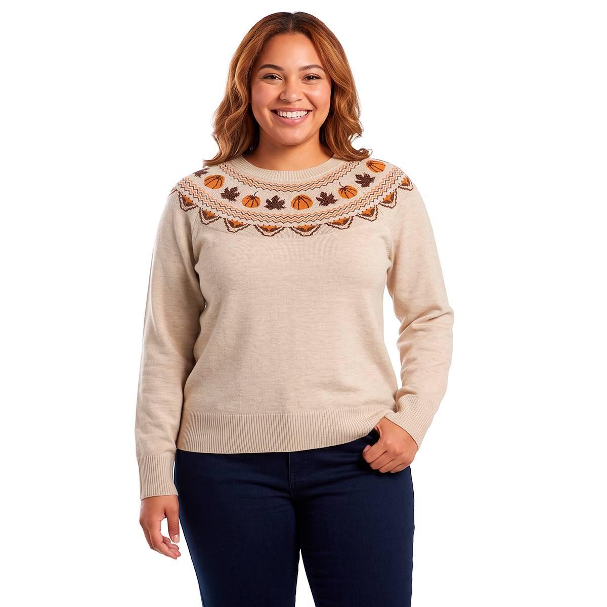 Plus Size Retrology Crew Neck Pumpkin Fair Isle Sweater