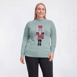Plus Size Retrology Long Sleeve Nutcracker Mock Neck Sweater
