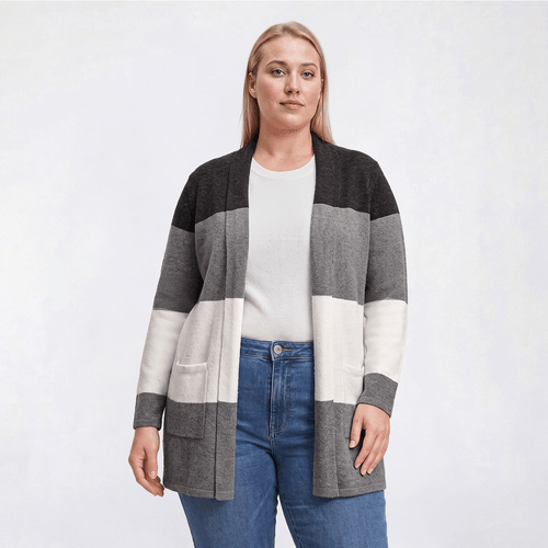 Plus Size Olive & Vine 4 Tone Ombre Stripe Cozy Mossy Cardigan