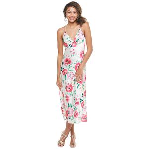 Juniors Emerald Sundae Floral Satin Twist Front Midi A-Line Dress