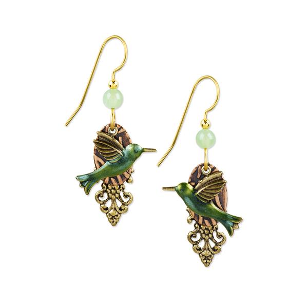 Silver Forest Two-Tone Green Hummingbird Drop Earrings