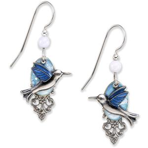Silver Forest Silver-Tone with Blue Hummingbird Drop Earrings