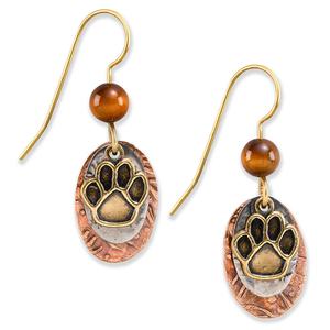 Silver Forest Tri-Tone Layered Ovals Paw Print Drop Earrings