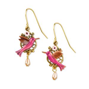 Silver Forest Gold-Tone with Pink Hummingbird Drop Earrings