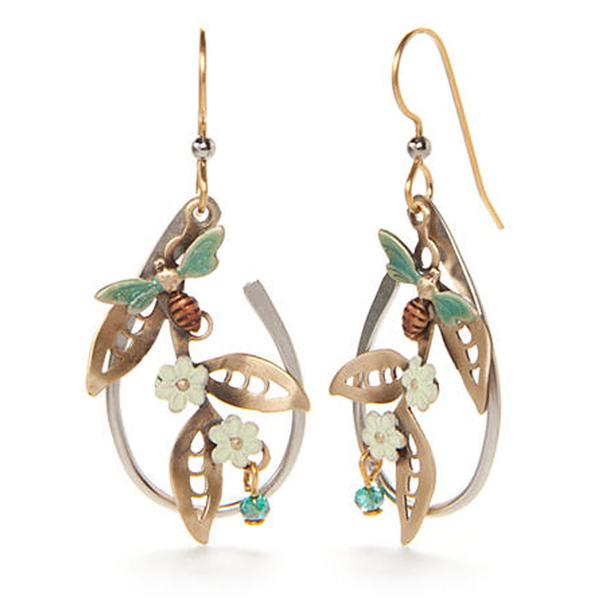 Silver Forest Two-Tone Bees & Flowers Drop Earrings