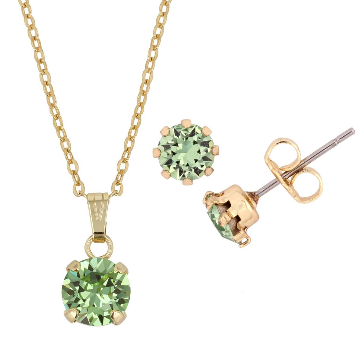 Gold Plated Peridot Crystal Pendant & Matching Stud Earring Set