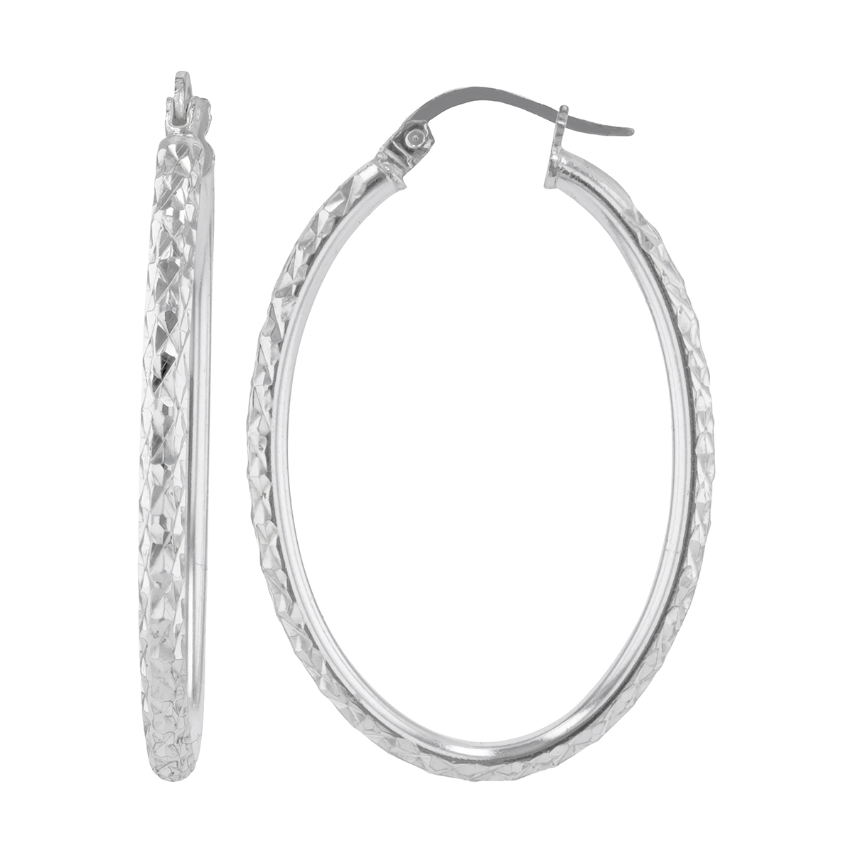 Sterling Silver Oval Diamond Cut Hoop Earrings