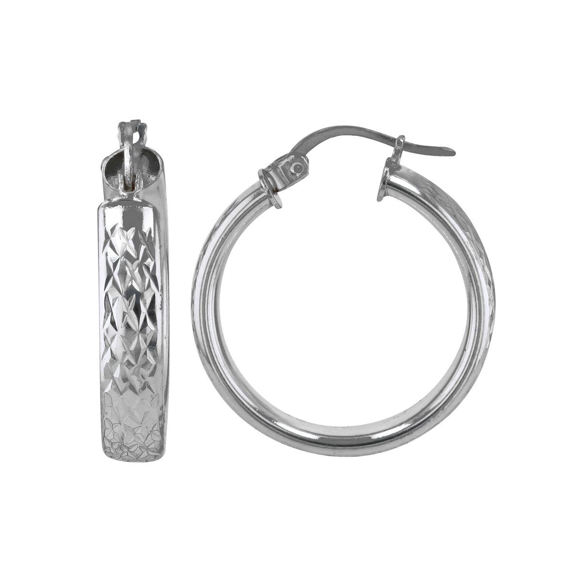 Sterling Silver Obelisk Round Diamond Cut Hoop Earrings