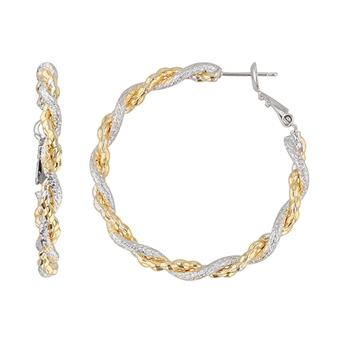 Fine Faux Two-Tone Twisted Diamond Cut Hoop Earrings