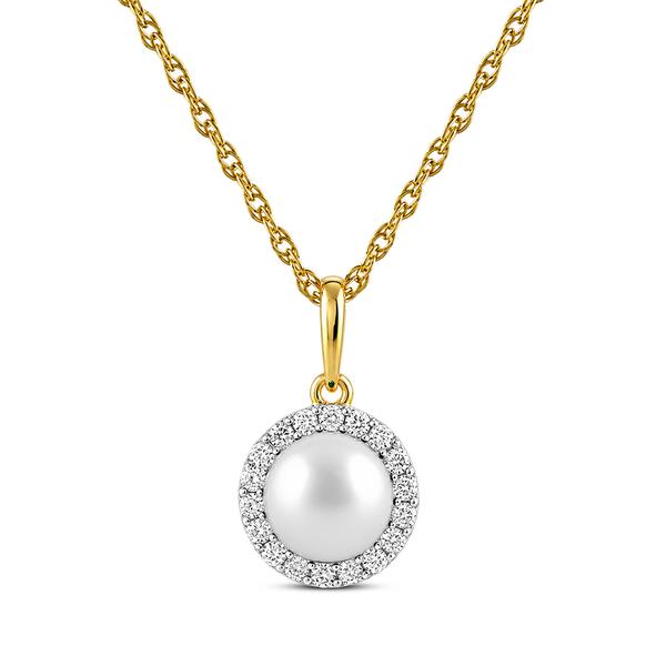 Gemstone Classics(tm) Yellow Gold Pearl Crown Halo Pendant