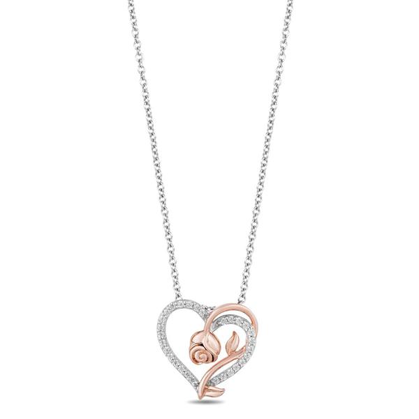 Enchanted by Disney Silver Rose Gold Heart Rose Pendant Necklace