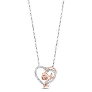 Enchanted by Disney Silver Rose Gold Heart Rose Pendant Necklace