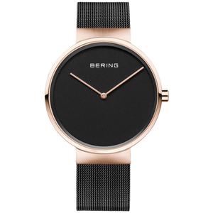 Mens BERING Rose Gold Black Mesh Bracelet Watch - 14539-166