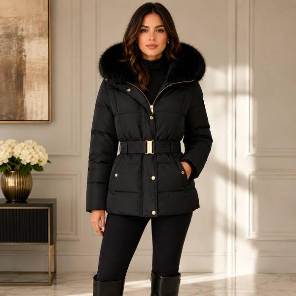 Womens Badgley Mischka Olivia Belted Faux Fur Collar Puffer Coat