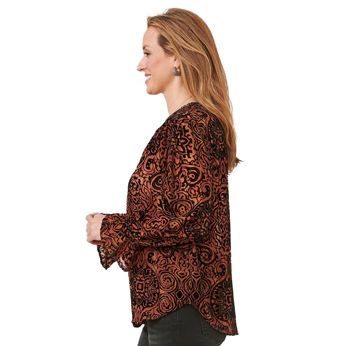 Womens Democracy Long Flounce Sleeve Half Placket Woven Blouse