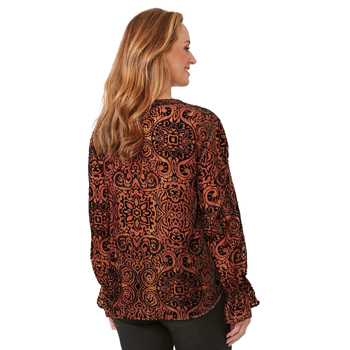 Womens Democracy Long Flounce Sleeve Half Placket Woven Blouse