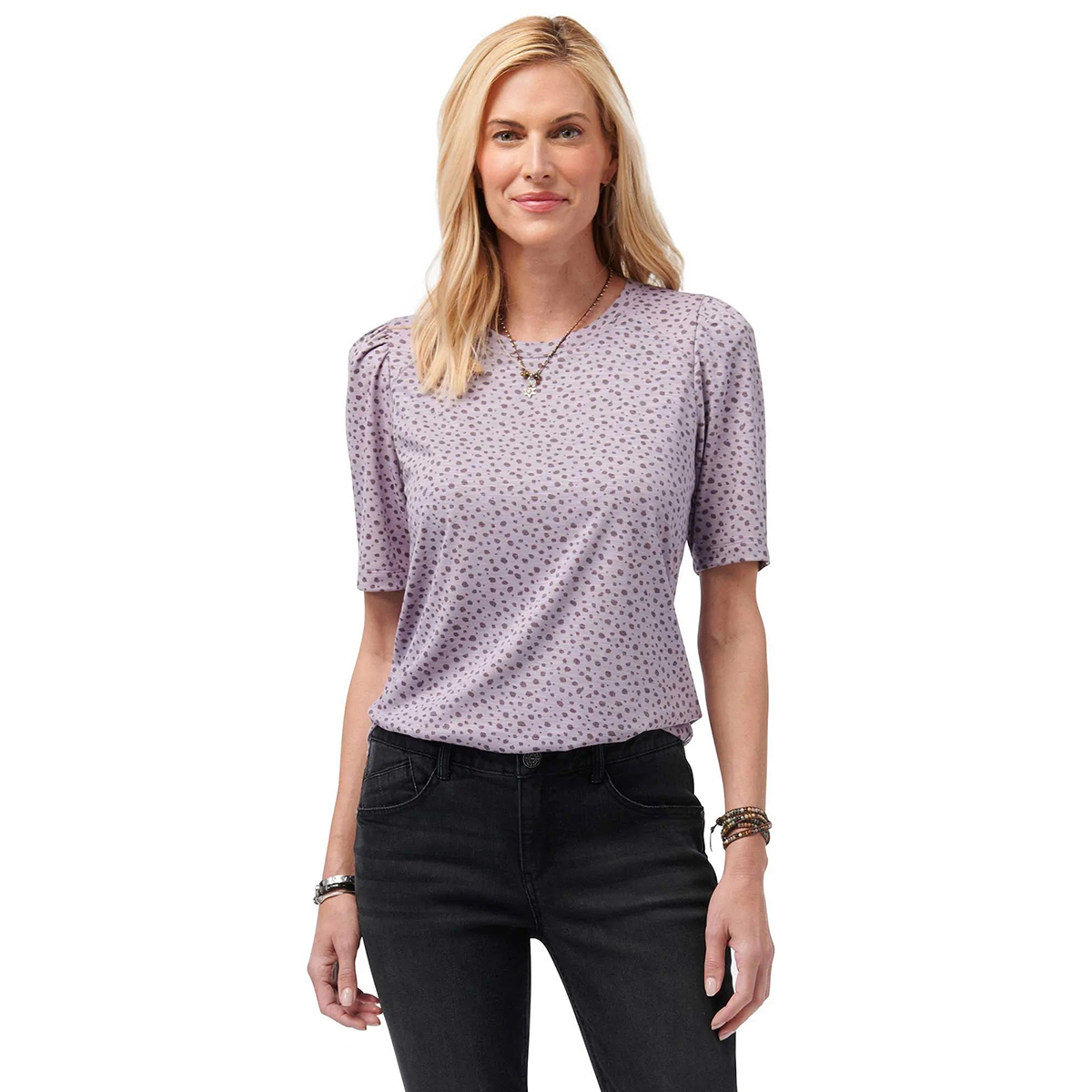 Womens Democracy Elbow Puff Sleeve Dotimal Blouse - Lavender