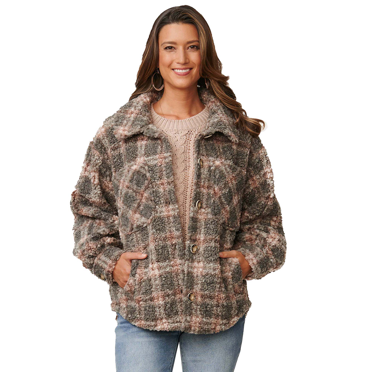 Womens Democracy Plaid Heavy Sherpa Button Up Jacket