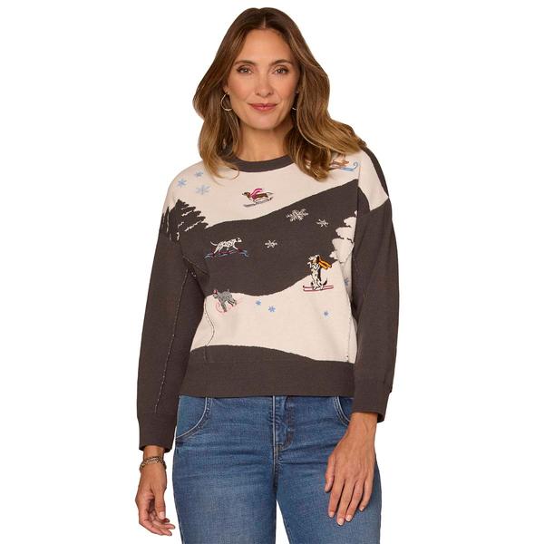 Womens Democracy Long Sleeve Skiing Dogs Sweater