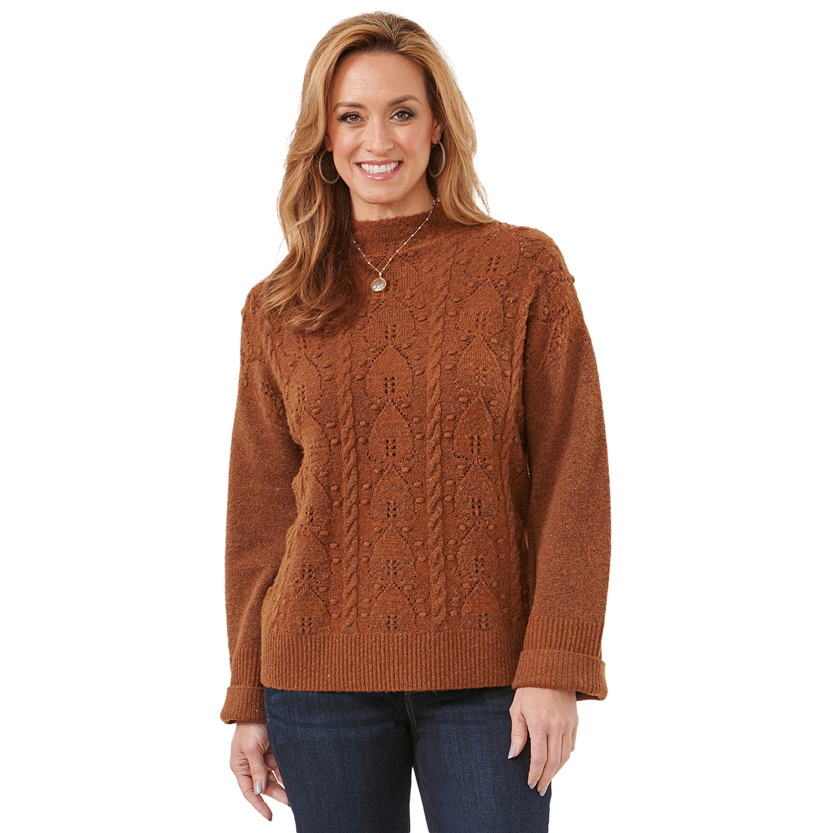 Womens Democracy Cuff Sleeve Mock Neck Popcorn Stitch Sweater