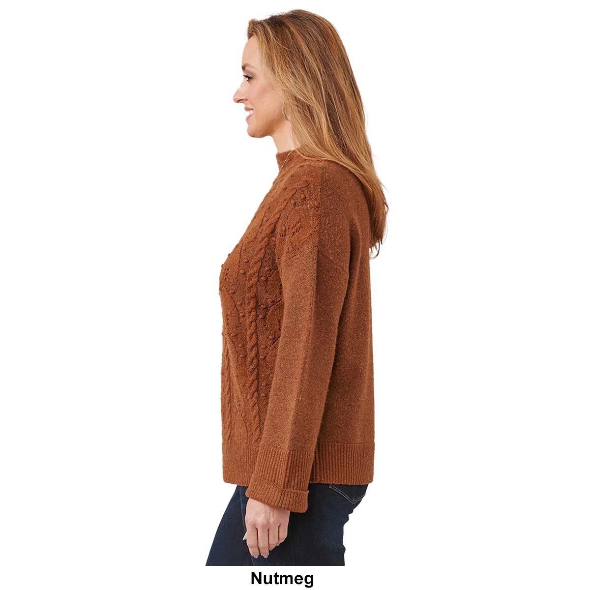 Womens Democracy Cuff Sleeve Mock Neck Popcorn Stitch Sweater