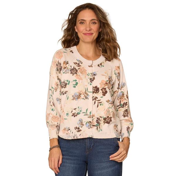 Womens Democracy 3/4 Sleeve Floral Button Front Cardigan