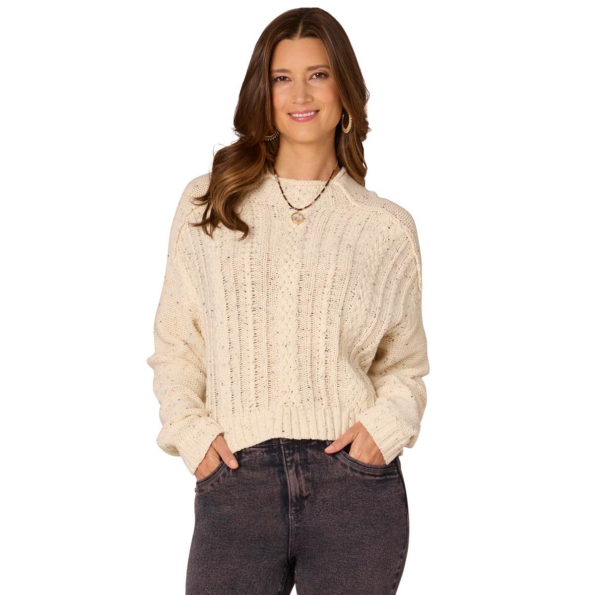 Womens Democracy Long Sleeve Funnel Neck Cabled Sweater