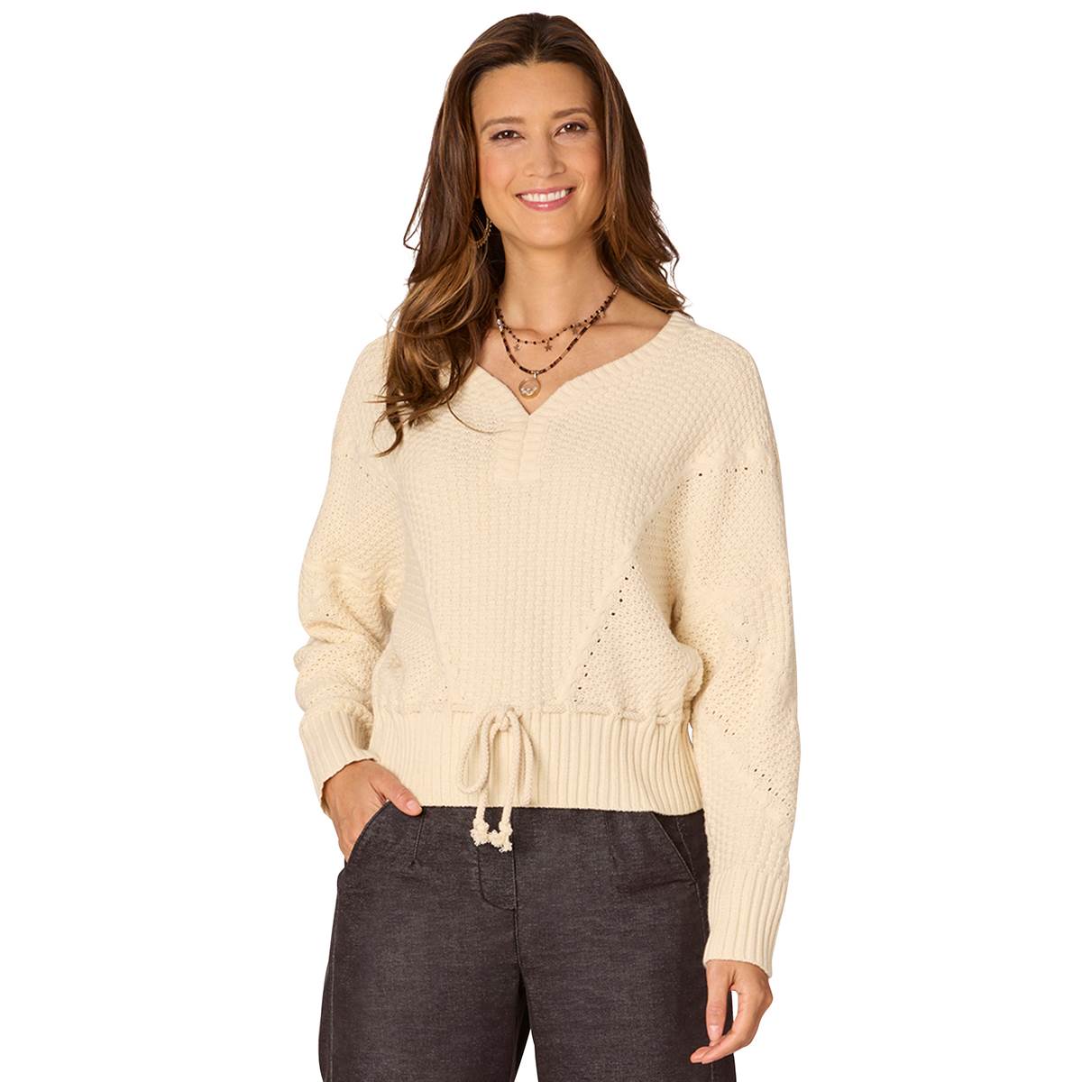 Womens Democracy Long Sleeve V-Neck Tie Front Sweater