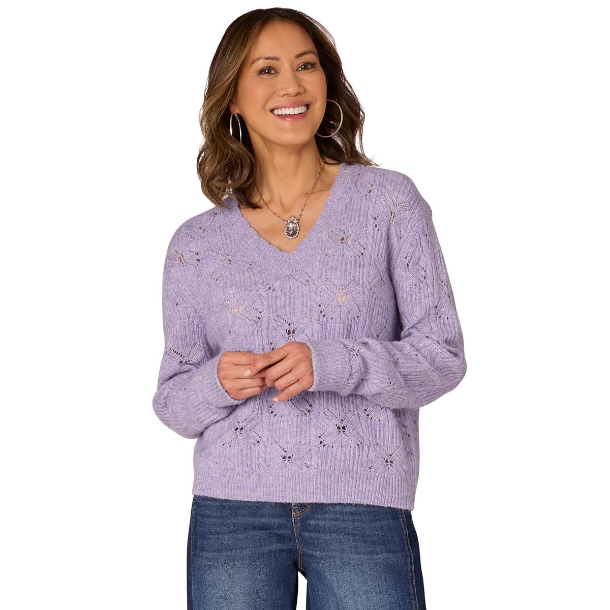 Womens Democracy Long Cuff Sleeve V-Neck Pointelle Stitch Sweater