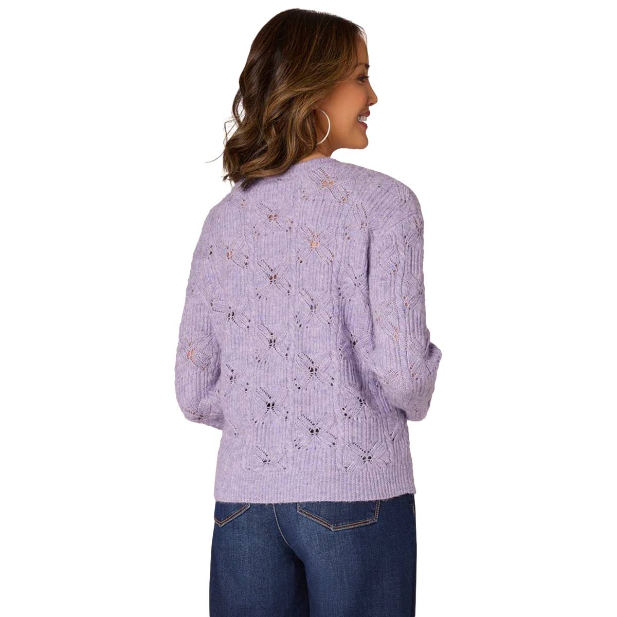 Womens Democracy Long Cuff Sleeve V-Neck Pointelle Stitch Sweater