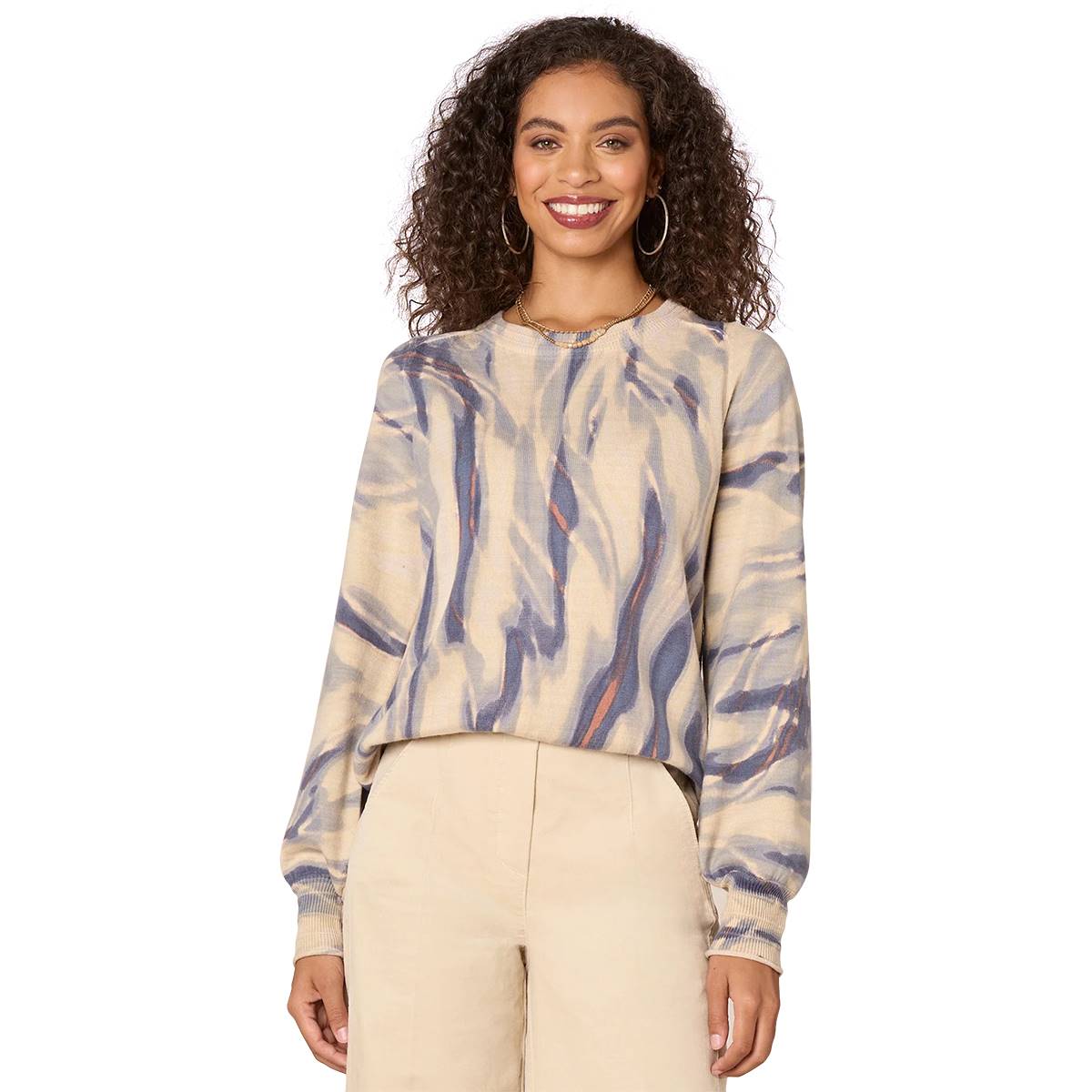 Womens Democracy Long Puff Sleeve Abstract Shirttail Sweater